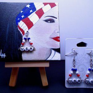 Acrylic Painting - 3D American Flag Lady with Earring - Includes Extra Earrings